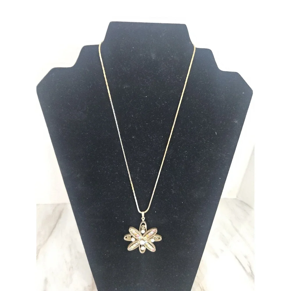 Vintage Mid Century Floral Pendant Rhinestones White Glass Filagree Unmarked